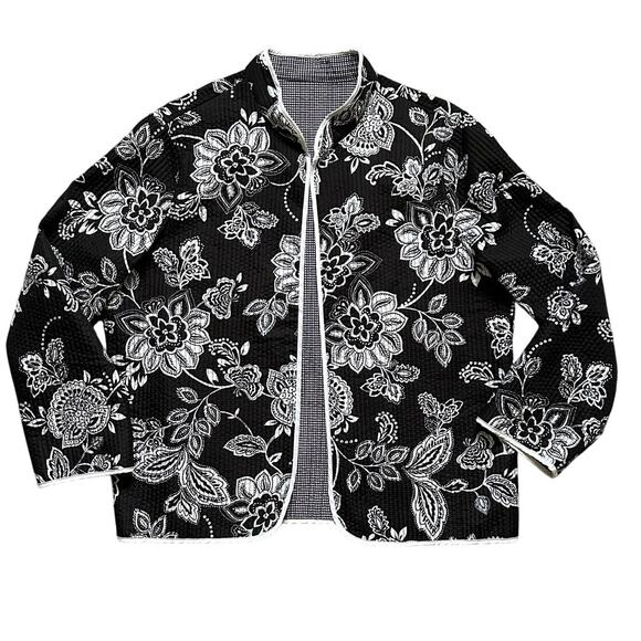 Unbranded Jackets & Blazers - Cottagecore Boho Reversible Quilted Floral Jacket Black White Open Front M M/L